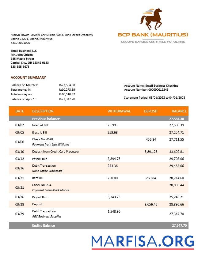 Downloadable BCP Bank enterprise account statement Word and PDF template